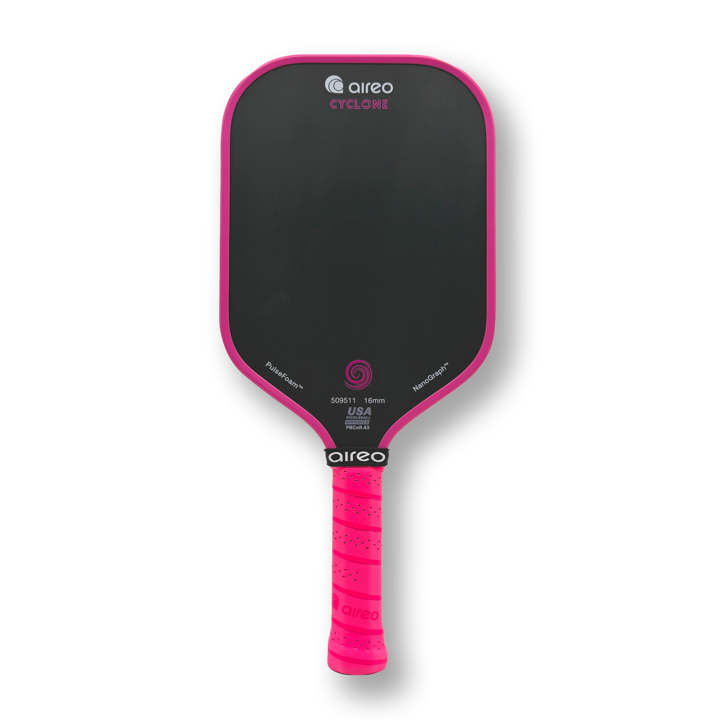 Hot Pink USAP PBCoR .43 certified AIREO Cyclone 16mm Pickleball Paddle – NanoGraph Grit Surface with PulseFoam™ Power Core for Pro-Level Performance